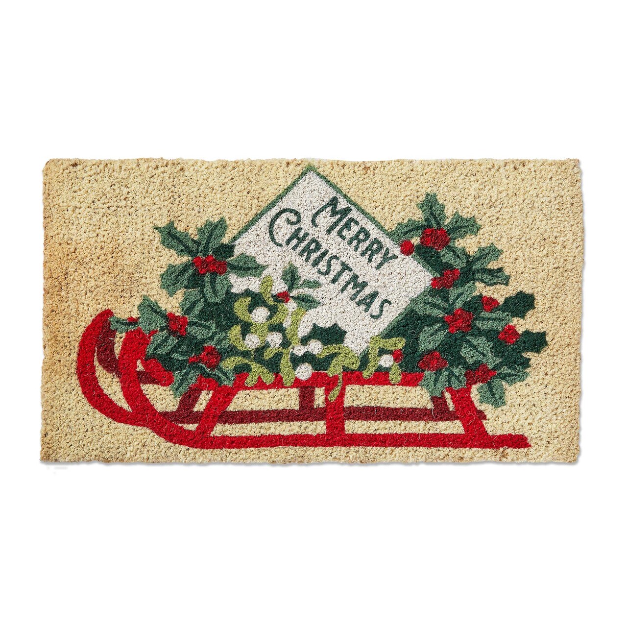 Merry Christmas Sled Coir Door Mat - Natural Multicolor Doormat 30x17 inches, Easy to Clean, Festive Holiday Decor